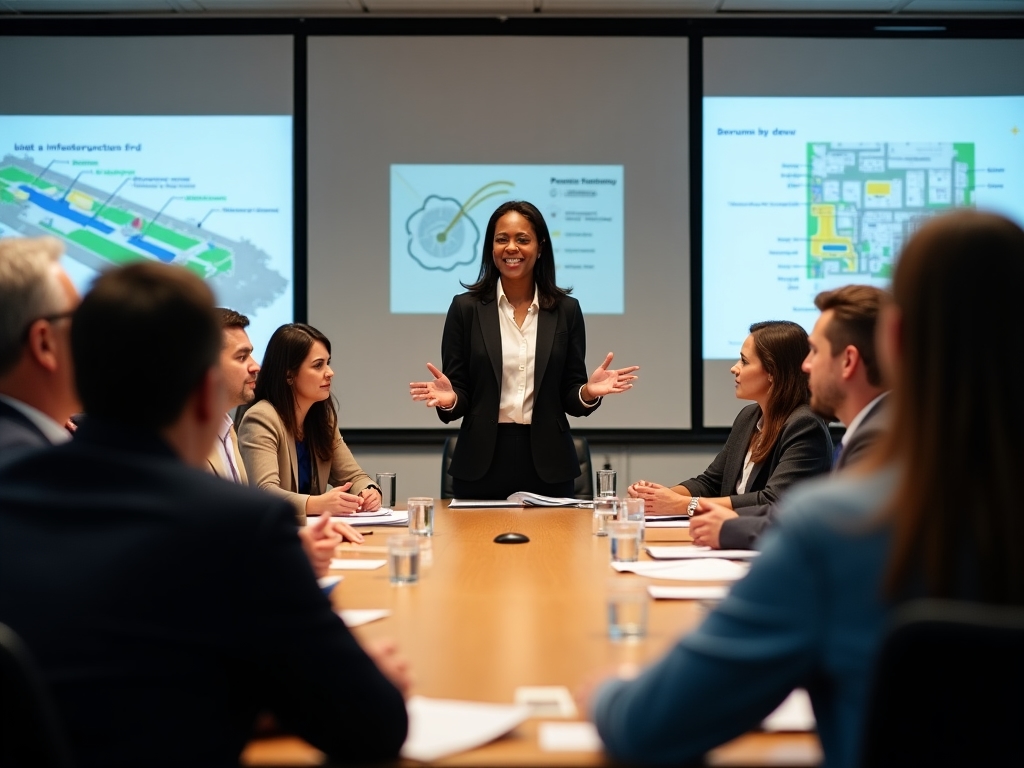 Diverse group of infrastructure stakeholders in a facilitated engagement session with professional moderator