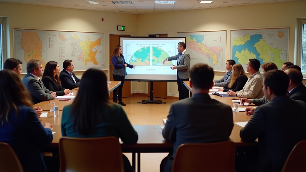 Diverse stakeholder consultation meeting with municipal leaders, engineers and community representatives